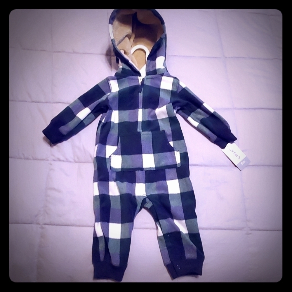 NWT Carter's Blue & Green Flannel Plaid Fleece Hooded Baby Bodysuit